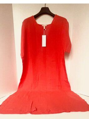 Eileen Fisher Crinkled Cotton Dress Large A-Line Short Sleeve Lightweight Orange